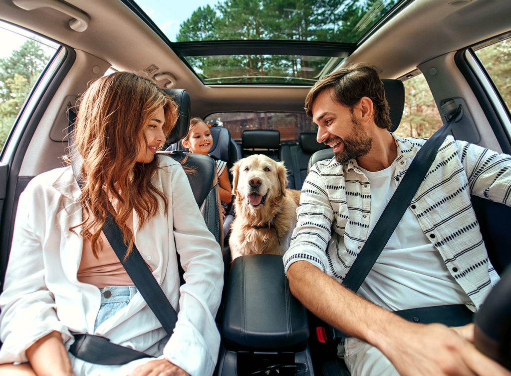 Mom and Dad with their daughter and a Golden Retriever are sitting in the car